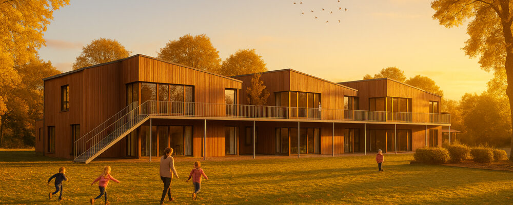Moderne Holzgebäude bei Sonnenuntergang. Kinder spielen auf Rasenfläche, Herbstbäume im Hintergrund, warmes Licht, Vögel am Himmel.