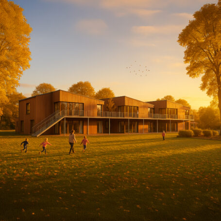 Moderne Holzgebäude bei Sonnenuntergang. Kinder spielen auf Rasenfläche, Herbstbäume im Hintergrund, warmes Licht, Vögel am Himmel.