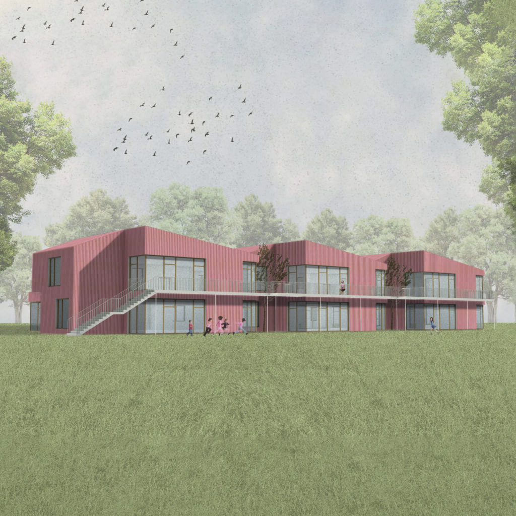 Visualisierung eines zweigeschossigen Kita-Neubaus mit roter Fassade, großer Fensterfront und Außentreppe.
