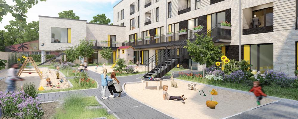 Mehrgeschossiger Neubau mit Kita-Innenhof, Spielgeräten und mehreren Kindern beim Spielen.